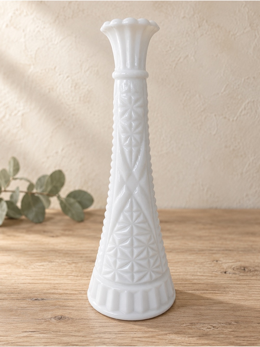 Anchor Hocking White Milk Glass Bud Vase with Geometric Pattern